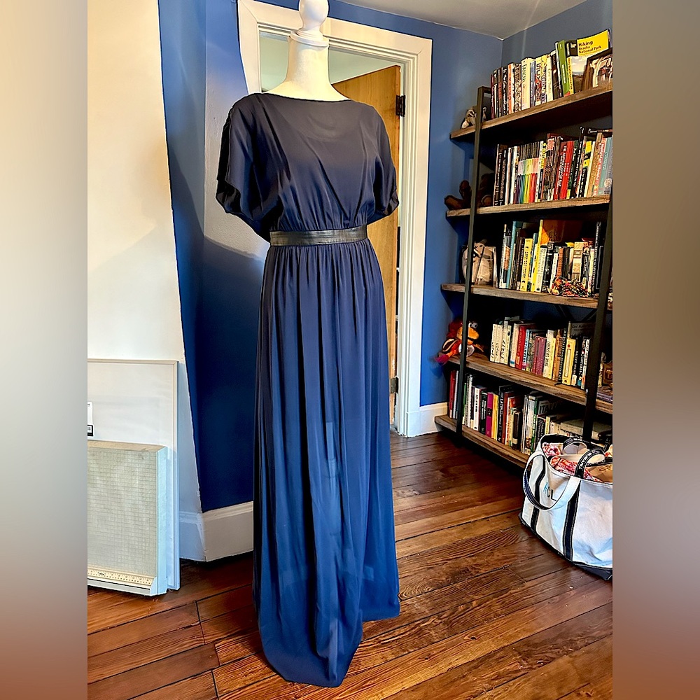 Alice + Olivia navy blue sapphire chiffon gown with leather details